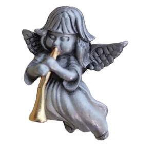 Vintage Daria Pewter Guardian Angel Pin Brooch Small Lapel Golden Horn